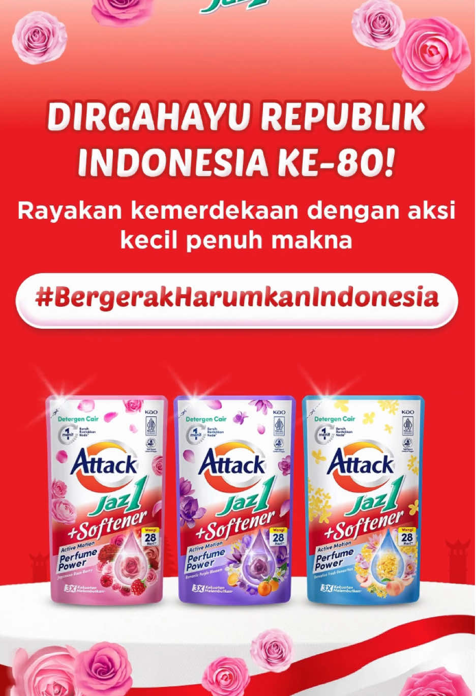 Dirgahayu Republik Indonesia ke-80!🇲🇨✨ Mari kita #BergerakHarumkanIndonesia, mulai dari hal sederhana di rumah bersama Jaz1! #DetergenJaz1 #Jaz1Softener #MakinGerak #WangiMakinSemerbak 