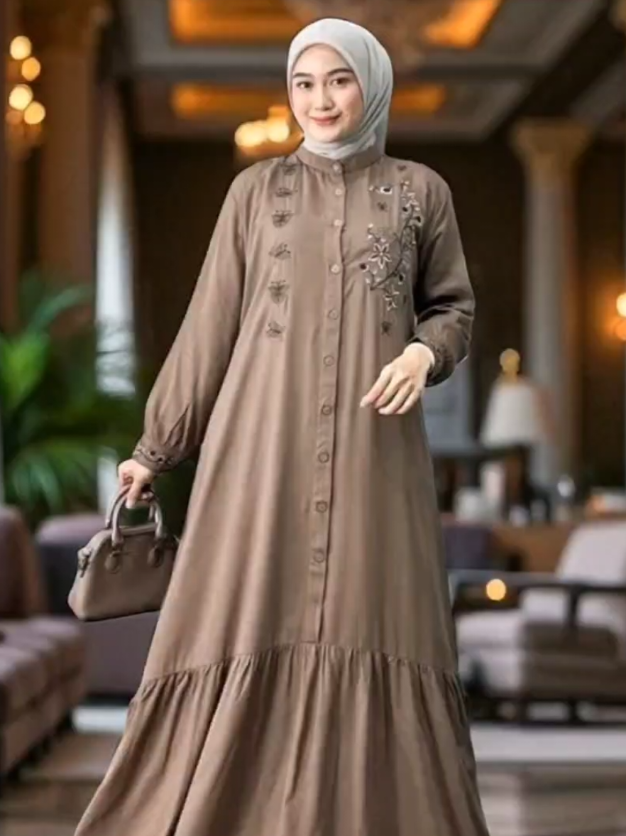 Arni Busana - Moza Maxi Dress Muslim Wanita Bordir Gamis Rayon Premium Busui Full kancing #dress #dressgamis #gamiskekinian #gamismurah #gamiscantik 