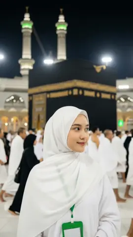 Prompt : A beautiful young Indonesian Muslim woman standing in front of the Kaaba in Masjid al-Haram, Makkah. She is wearing a full black abaya and hijab with loose sleeves, standing gracefully with both hands folded in front. Her expression is calm and serene, with soft natural makeup. Behind her is a clear view of the Kaaba with gold calligraphy, surrounded by many pilgrims dressed in white ihram and black abayas. In the background, the towering Abraj Al-Bait Clock Tower dominates the skyline under a bright sky with soft clouds. The ground is bright white marble, reflecting sunlight. The photo is shot in daylight with high clarity and detail, 9:16 aspect ratio, realistic lighting and clean composition. No text, no blur, hyperrealistic photography style.ratio 9:16 #prompt #geminiai 