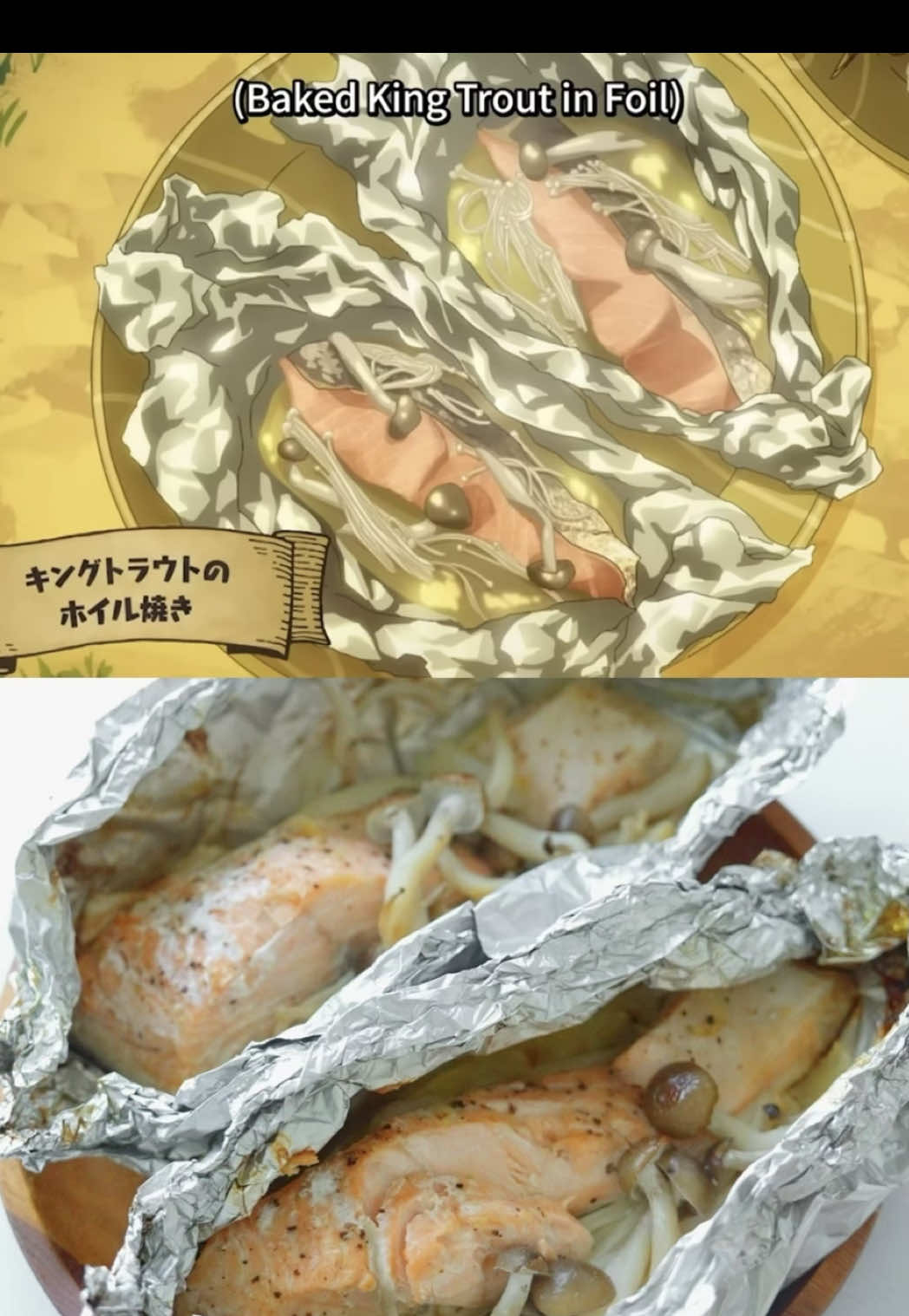Who knew such a simple anime dish could be this tasty?! Buttery baked salmon + sweet onions = absolute win. We underestimated this dish. 10/10 will make it again.  Inspired by Campfire Cooking in Another World with My Absurd Skill. #salmon #anime #animeedit #animefood #EasyRecipe 
