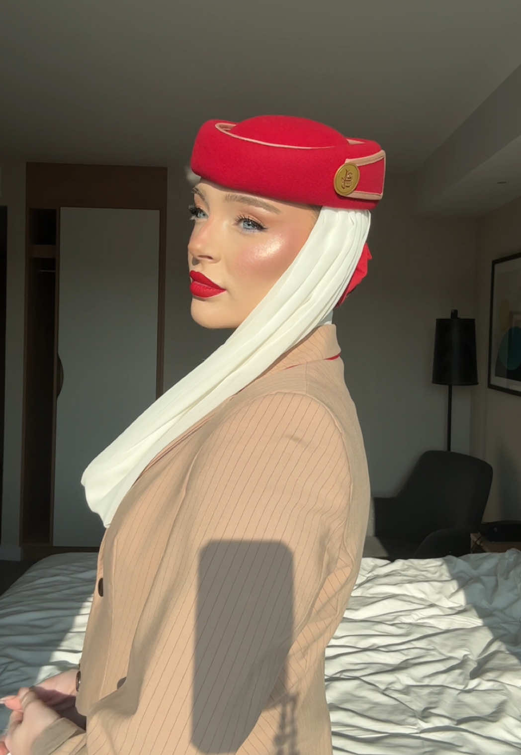 tried this combo ❤️ @Huda Beauty lip contour stain in Cherry+ Liquid matte lipstick in Miss Americana #cabincrew #emirates #makeupreview #redlipstutorial #uniform 