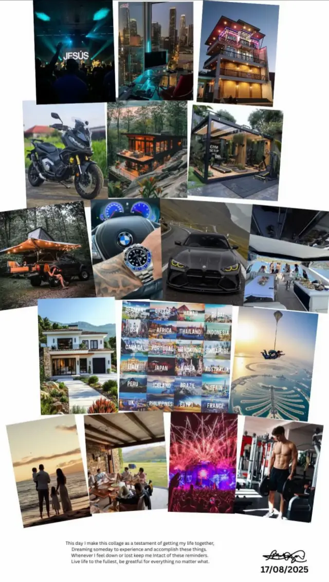 This photo collage consist of my dreams. Dropping this banger right here for me to comeback after all of the challenges and experience we can develop while in the Grind.  #affirmations #wealth #freedom #daytrading #propfirm 