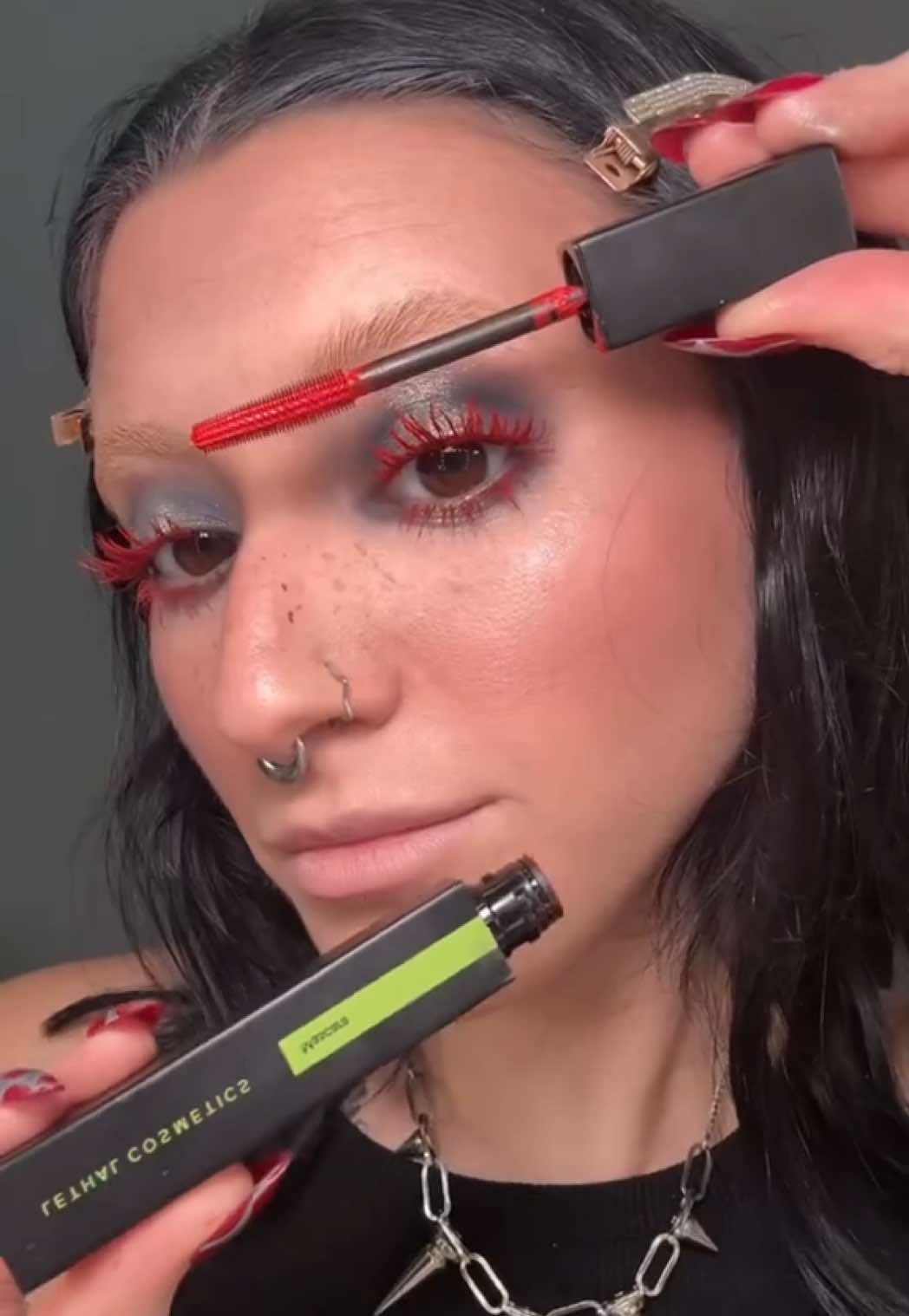 @☆ SOPHIA ☆ finished her eye look by adding a pop of color with our red mascara, Voltage! ⚡ Have you tried red mascara yet? #lethalcosmetics #redmascara #fyp #redeyelashes #editorialmakeup 