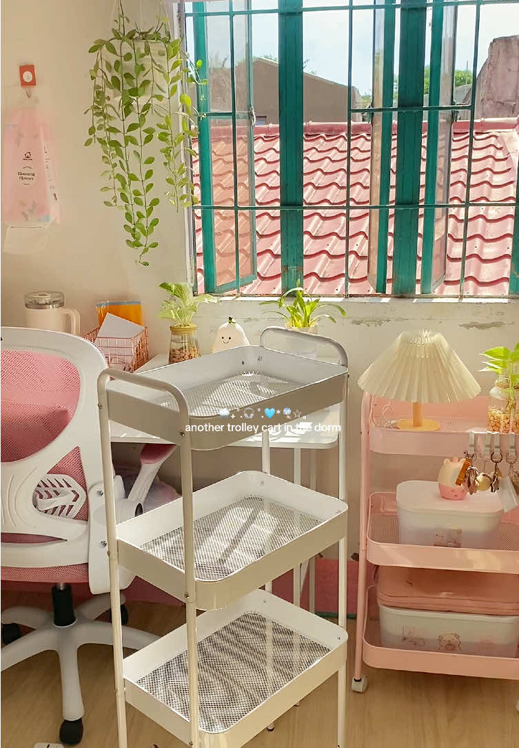 4 layer trolley cart in color white 🤍🩷 #trolleycart #trolleycartorganizer #dormessentials #organizedhome #organizer 