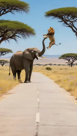 The male lion failed in its attack on the elephant and was instead brutally retaliated against by the elephant.