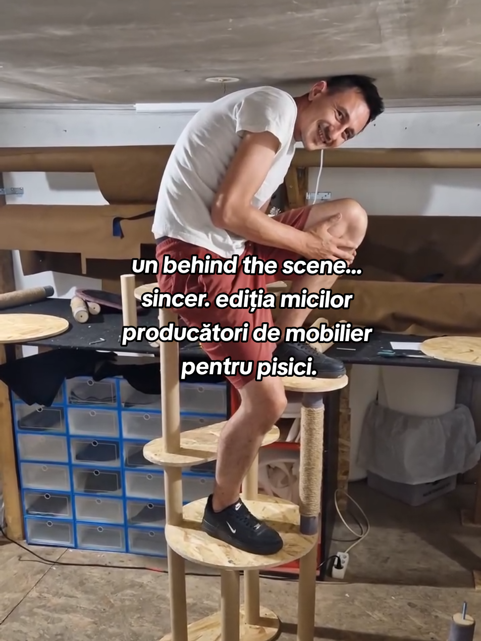 Un behind the scene... sincer. Pentru că dacă te întrebi dacă ansamblurile noastre de joacă sunt rezistente, ei bine, așa testăm modele noi care ies de pe mâinile noastre.  Și dacă e unul mai înalt de-atât, da, îl testăm afară. 😅 Când lucrezi într-un spațiu micuț, te adaptezi. Cel puțin, noi asta am făcut. Și-am zis să vezi și tu cum stă treaba în atelierul nostru (acum) mic, cu vise mari. Spune sincer... Te așteptai la asta?  Miau, Alex • Alexandra  . . #AtelierulLuiMishu #MishuPet #ArtizaniiPisicilorUrbane #produsinromania #handmaderomania 