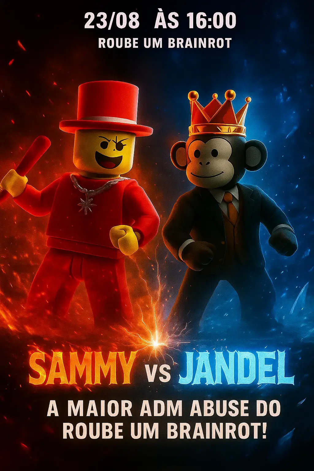 O confronto épico está marcado! 💥 No dia 23/08 às 16:00, a batalha entre Sammy e Jandel vai estremecer o Roube um Brainrot. Quem vai sair vitorioso dessa guerra insana? 🔥❄️ #RoubeUmBrainrot #SammyVsJandel #BatalhaÉpica #EventoRoblox #ADMAbuse 