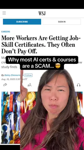 Think twice before you spend more than $1000 on an AI certification or course. I’m sure there are a few good ones out there that are worth it and a decent price point, but course culture has become absolutely insane with wrong expectations being set and lots of burned students, who were once eager to learn.  I’m on a mission to teach 10 million people AI and I promise to keep my AI education always free, not limited to those who can afford it.  #ai #course #jobsearch #techtok #sabrinaramonov 