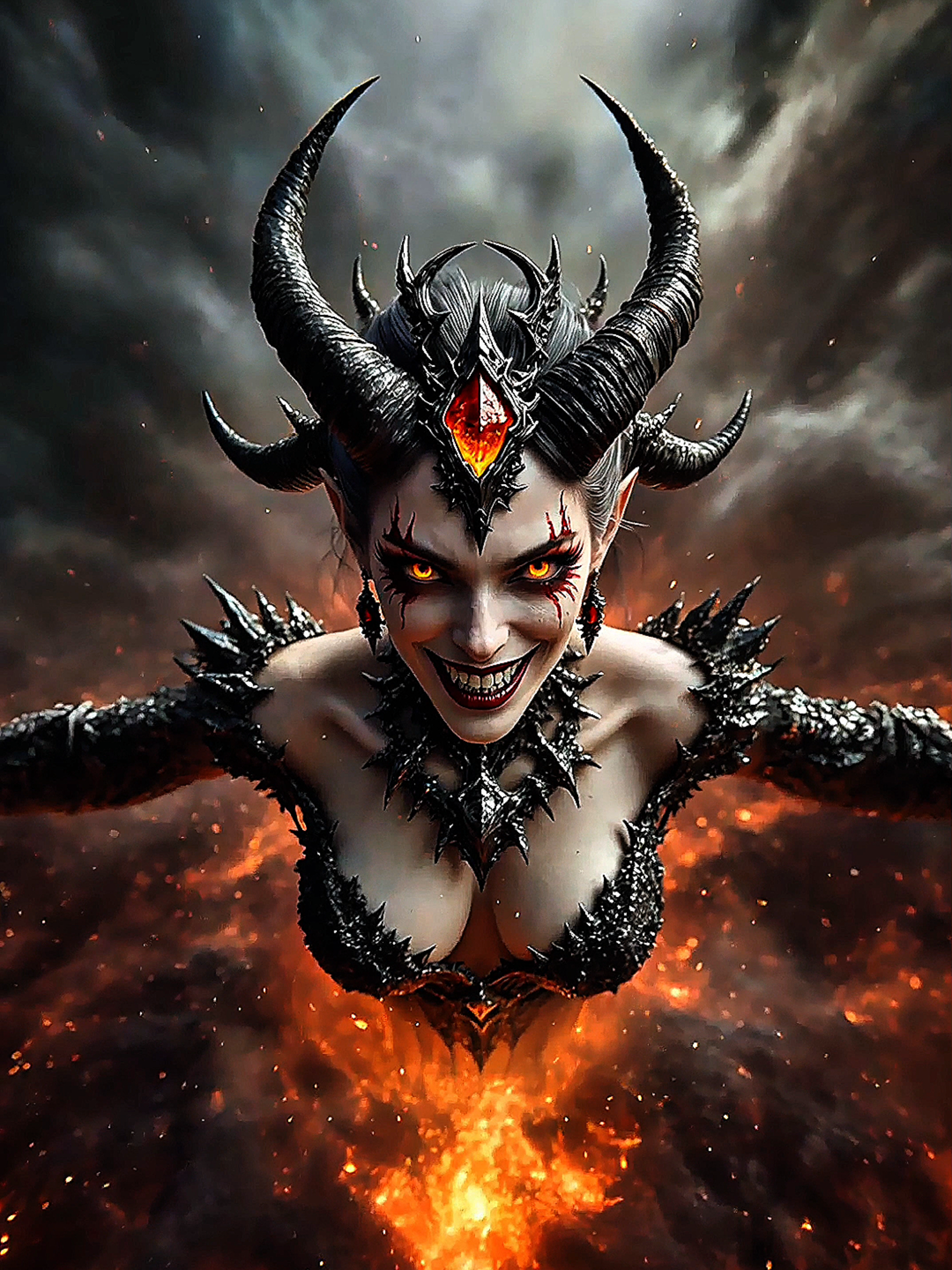 🌋🔥 Volcano Damon  Dive into the heart of the volcano, through smoke and molten fire — were the damon awaits  Her burning eyes pierce the darkness, her laughter echoes like breaking stone. Witness this  dark 4K live wallpaper and face the abyss 💀🔥 #livewallpaper #4klivewallpaper #damon #darkfantasy #aianimation 