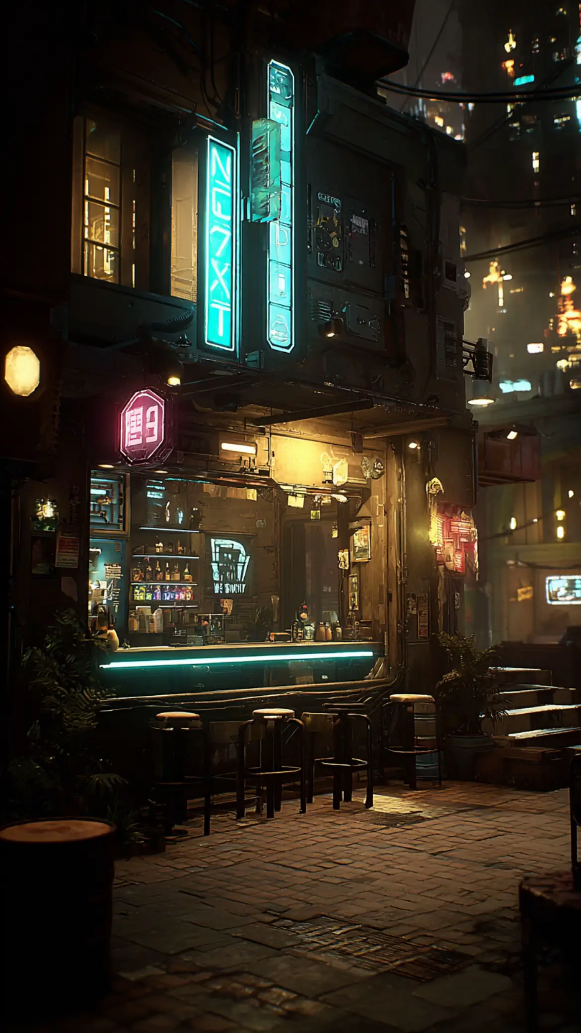 Your neighbourhood bar. The future is here. Step into a #cybercity where the daily lives of people and androids take place. #nostalgia #futuristic #cozyvibes #futuristicaesthetic 