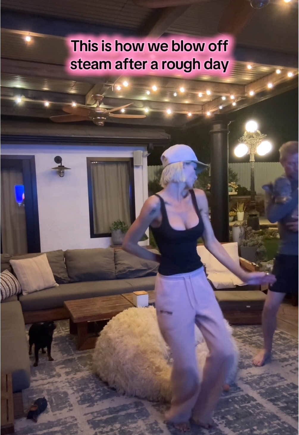 Rough day?? No better way to blow off some steam than a full family dance party after a soak in the hot tub 😂 Trust me, it works….what reunion?? 🤣 #danceparty #fyp #mileycyrus  #husbandwife 