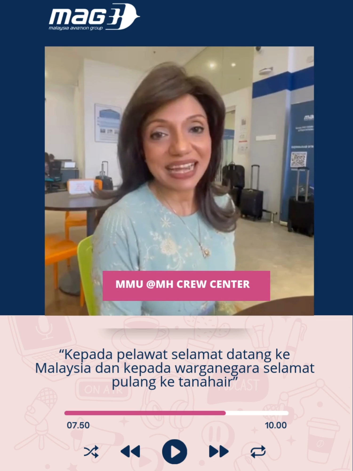 #Throwbackto a sweet moment with Ms. Suganthi or as many in MAG know her - Sugar, the iconic voice that welcomes you home as soon as your Malaysia Airlines flight lands at KLIA. We had the honor of sitting down with her for a special episode, where she shares her story and her aspiration to pursue a degree in Strategic Communication, a program specially designed for MAG cabin crew and employees. 🎧 Full #podcast coming soon! 👉 Like and follow to be the first to hear it! @malaysiaairlines #cabincrew #flightcrew ##degree
