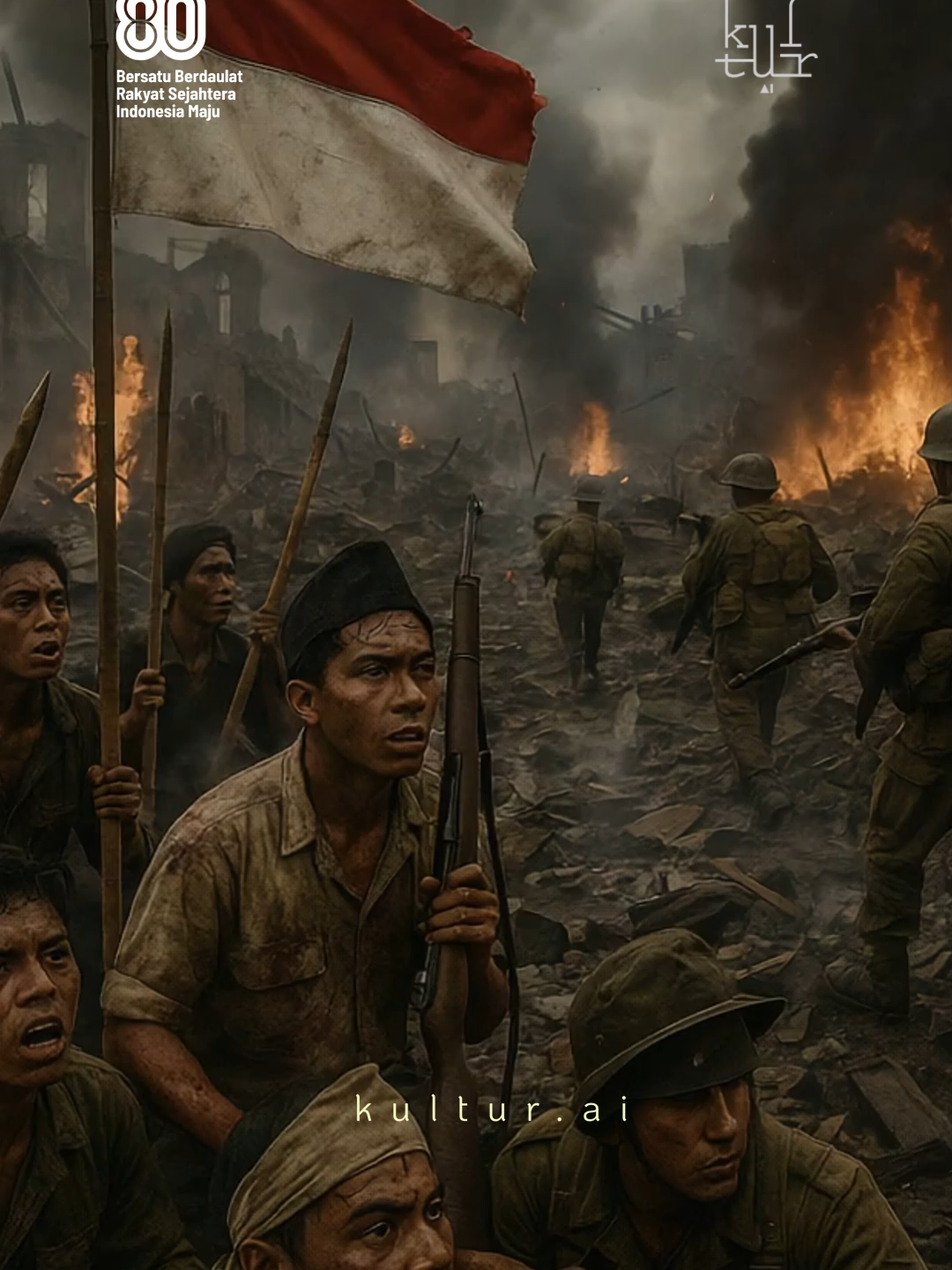 Dari tanah Surabaya, arek-arek pejuang tunjukkan bahwa cinta tanah air lebih kuat dari senjata. Dengan keberanian dan pengorbanan, mereka lawan pasukan bersenjata lengkap demi merah putih tetap berkibar. AI tools: ChatGPT 5 + Runway ML + Elevenlabs 🔥 #Haripahlawan #surabaya #sejarahindonesia #ai #aiart #kotasurabaya