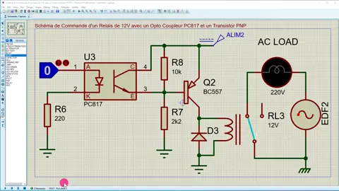 Schéma de Commande d'un Relais de 12V avec un Opto Coupleur PC817 et un Transistor PNP #profkengne #proteus9 #electricite #proteus