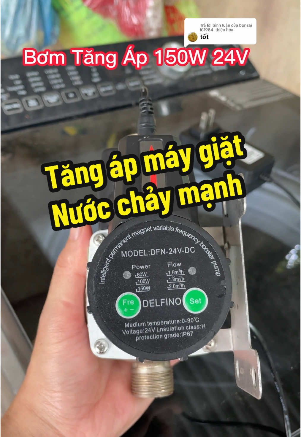 Trả lời @bonsai lô1984  thiệu hóa Bơm tăng áp 150W Delfino 24V cho máy giặt, với sen, lavabo, năng lượng mặt trời #bomtangap #delfino #xuanthucte 