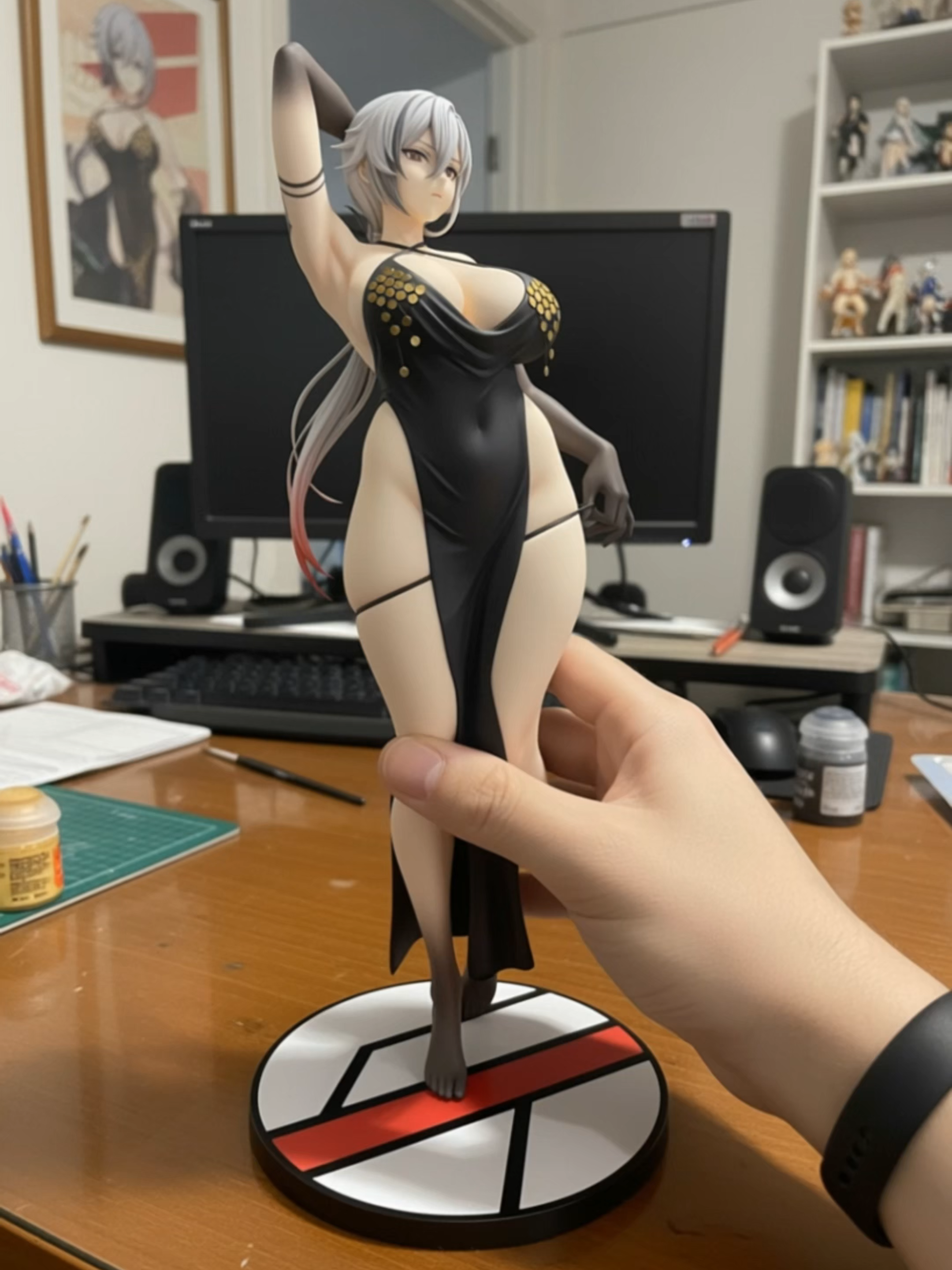 Figure of a Girl in a Seductive Black Dress #AnimeFigure #PVCFigure #BlackDress #SlitDress #BustyFigure #SilverHair #GrayHair #ElegantFigure #Seductive #EveningGown #Chic #WaifuFigure #Collectible #Statue #JapaneseFigure #MoeFigure #Glamorous