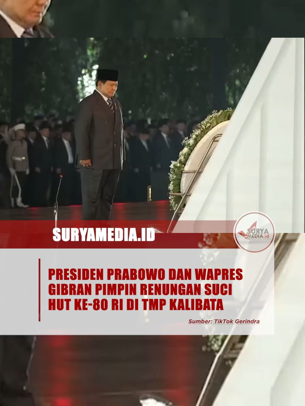 Presiden Prabowo Subianto dan Wakil Presiden Gibran Rakabuming Raka menghadiri Ziarah Nasional dan Renungan Suci di Taman Makam Pahlawan Kalibata, Jakarta Selatan, tepat pukul 00.00 WIB pada Minggu, 17 Agustus 2025, bertepatan dengan HUT ke-80 RI. Upacara penghormatan kepada para pahlawan ini juga diikuti sejumlah menteri Kabinet Merah Putih, Panglima TNI, dan Kapolri. #HUTRI80 #PresidenPrabowo #WapresGibran #ZiarahNasional #RenunganSuci 