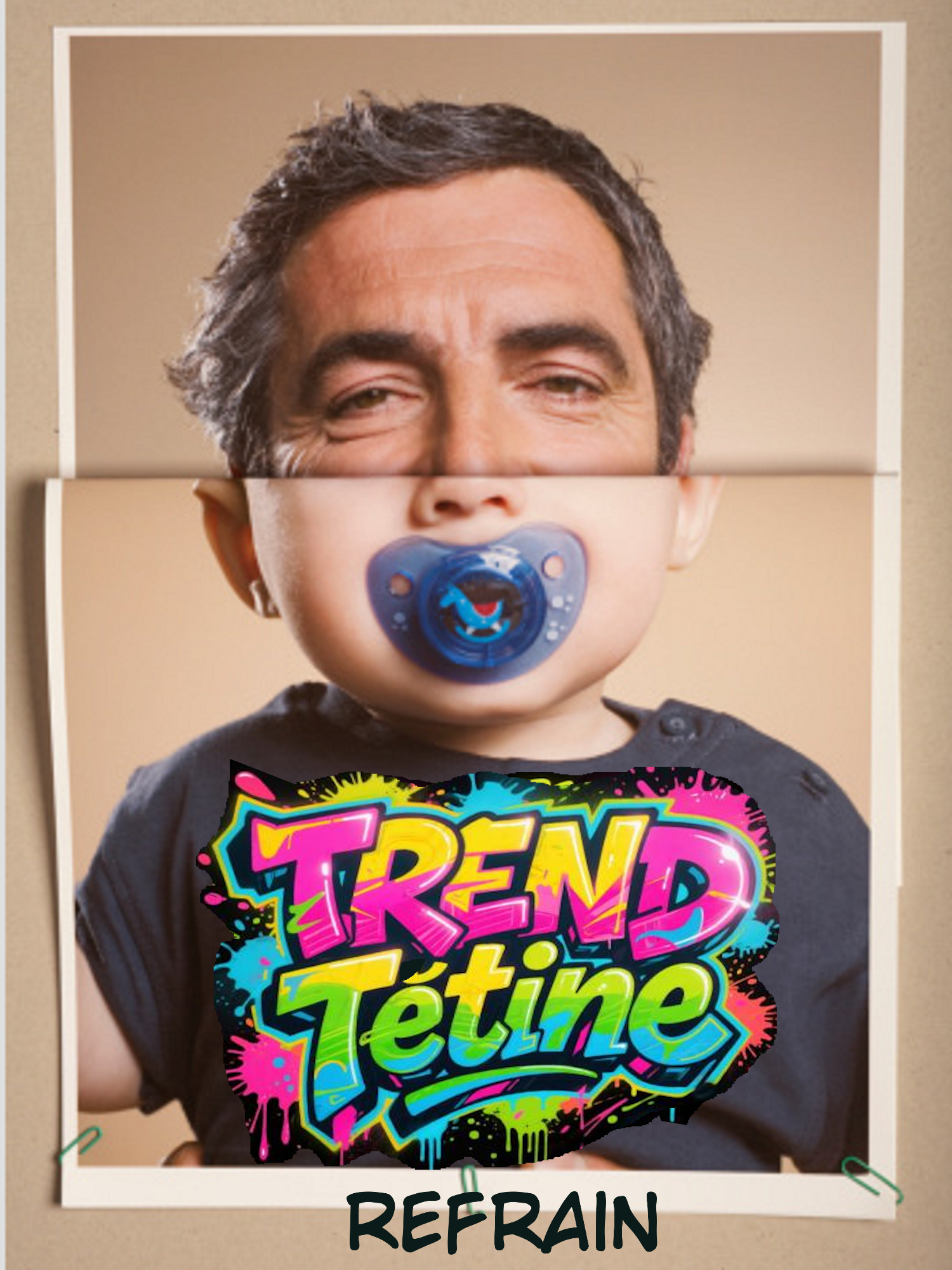 TREND Tétine - REFRAIN Alors qu’on m’explique : c’est censé être un geste libérateur ou une performance d’infantilisation volontaire ?  Parce que vu d’ici, ça ressemble juste à une génération qui fait machine arrière à toute vitesse, mais qui voudrait qu’on les prenne au sérieux.  Désolé, mais si le futur c’est ça, j’espère qu’il a un mode 