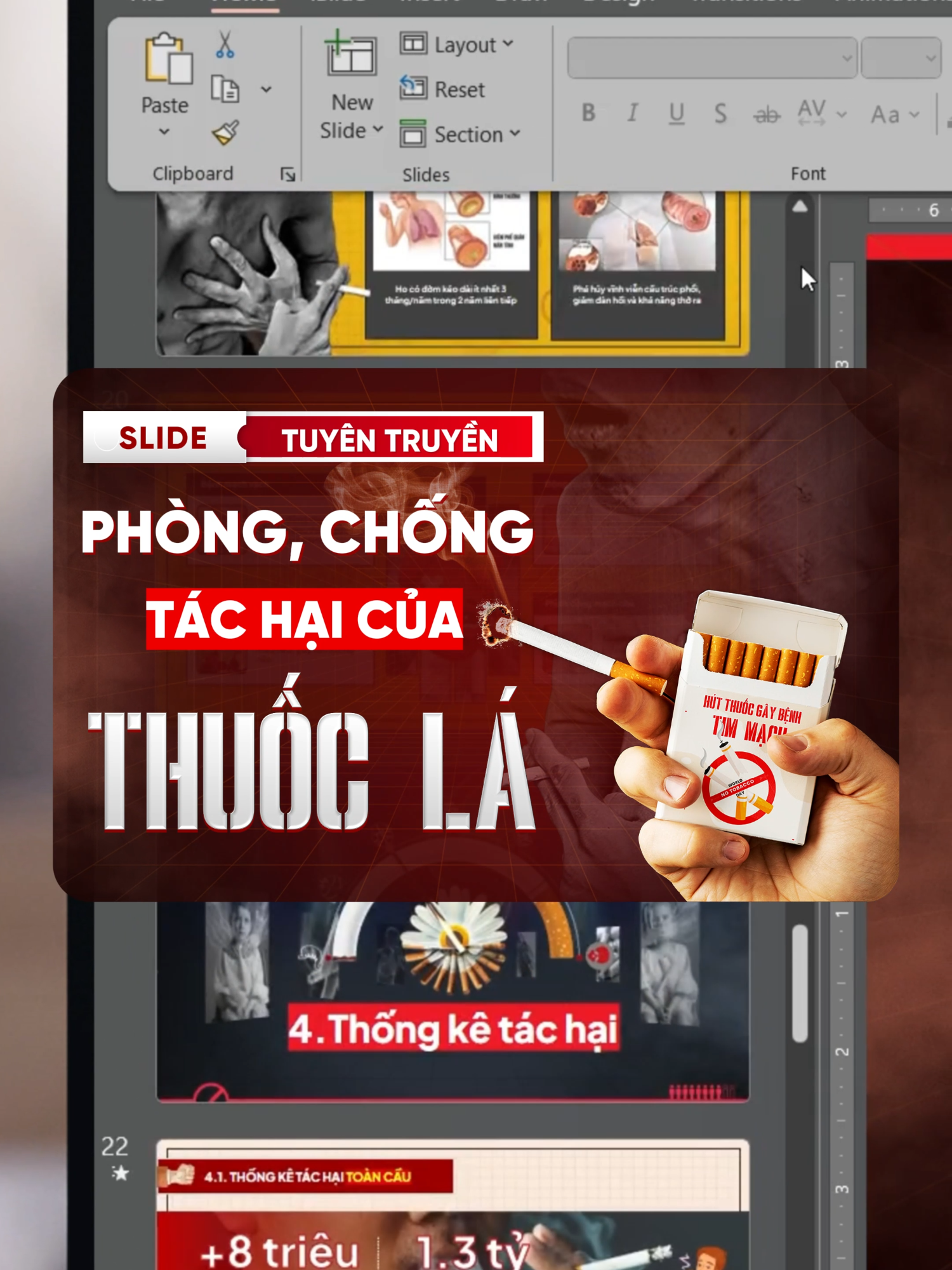 Mẫu Slide Tuyên truyền phòng, chống tác hại của Thuốc Lá - gồm 29 trang được thiết kế khoa học, trực quan và dễ tùy chỉnh, phù hợp cho giảng dạy, hội thảo và truyền thông cộng đồng. Bộ slide bao quát đầy đủ các chủ đề từ: thành phần hóa học, tác hại của thuốc lá đối với sức khỏe con người, các biện pháp phòng chống thuốc lá cùng lợi ích thiết thực khi bỏ thuốc. Nội dung được chọn lọc từ các nguồn y tế và truyền thông chính thống, đảm bảo tính khoa học, khách quan và dễ tiếp thu. #tuyentruyen #thuocla #suckhoe #yte #tuyetkypowerpoint