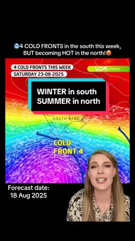Vox Weather Update | 18-22 Aug 2025  A true tale of two worlds: WINTER in the south-west ❄️ vs SUMMER in the north ☀️. 🌧️Another wintery week ahead in the Cape as FOUR cold fronts sweep into the south-western regions, bringing SCATTERED showers  to parts of the Western Cape. 🌤️Elsewhere, it stays mostly DRY thanks to a dominating high-pressure system sitting north of SA, stretching into the north-east by Friday. 🌡️🥵By mid-week, northern regions heat up fast with warm to HOT conditions and some areas even EXTREMELY hot. #VoxWeather #SouthAfrica #ColdFront #HOT #weatherupdate 