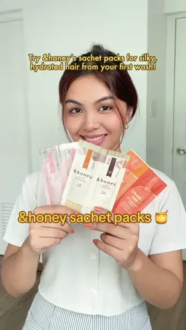 Not ready to drop the 💸 on full size? We get it. Try before you buy with &honey's Trial Sachet Packs for ONLY P99! 🍯 #andhoneyph #hairtips #japanesehaircare #frizzyhair #dryhair #damagedhair 
