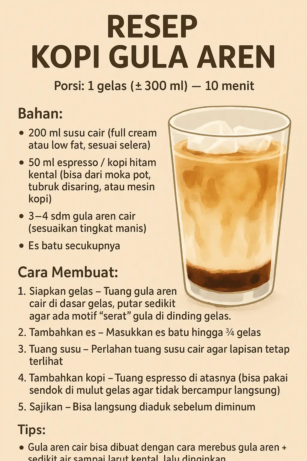 Berikut resep kopi gula aren sederhana ala kafe yang bisa dibuat di rumah. --- ☕ Resep Kopi Gula Aren Porsi: 1 gelas (±300 ml) Waktu: ±10 menit Bahan: • 200 ml susu cair (full cream atau low fat, sesuai selera) • 50 ml espresso / kopi hitam kental (bisa dari moka pot, tubruk disaring, atau mesin kopi) • 3–4 sdm gula aren cair (sesuaikan tingkat manis) • Es batu secukupnya Cara Membuat: 1. Siapkan gelas – Tuang gula aren cair di dasar gelas, putar sedikit agar ada motif “serat” gula di dinding gelas. 2. Tambahkan es – Masukkan es batu hingga ¾ gelas. 3. Tuang susu – Perlahan tuang susu cair agar lapisan tetap terlihat. 4. Tambahkan kopi – Tuang espresso di atasnya (bisa pakai sendok di mulut gelas agar tidak bercampur langsung). 5. Sajikan – Bisa langsung diaduk sebelum diminum. Tips: - Gula aren cair bisa dibuat dengan cara merebus gula aren + sedikit air sampai larut kental, lalu dinginkan. - Untuk rasa lebih creamy, tambahkan sedikit whipped cream di atasnya. - Versi panas: skip es batu, langsung tuang gula aren, susu panas, lalu kopi panas. #kopi #kopigulaaren #kopikekinian #bismillahfyp #fypシ゚viral 