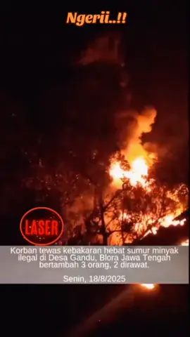 Blora - Korban jiwa akibat kebakaran hebat sumur minyak ilegal di Dukuh Gendono, Desa Gandu, Kecamatan Bogorejo, Kabupaten Blora, Jawa Tengah, bertambah lagi. Sampai hari ini, kobaran api belum berhasil dipadamkan. Berdasarkan update terbaru dari Badan Penanggulangan Bencana Daerah (BPBD) Blora pada Senin (18/8/2025) pagi ini, totalnya korban yang meninggal dunia sudah 3 orang. Sementara, yang dirawat 2 orang termasuk 1 balita. KESDM Prihatin Soal Kebakaran Hebat Minyak Ilegal di Gandu Blora yang Tewaskan 3 Orang Senin, 18 Agu 2025 14:31 WIB KESDM Prihatin Soal Kebakaran Hebat Minyak Ilegal di Gandu Blora yang Tewaskan 3 Orang Menurut Tim Reaksi Cepat (TRC) BPBD Blora, Agung Tri, kebakaran hebat yang terjadi bertepatan Hari Ulang Tahun RI (HUT RI) ke-80 pada Minggu (17/8/2025) sekira pukul 11.30 WIB ini mengakibatkan rumah rusak dan korban jiwa. 