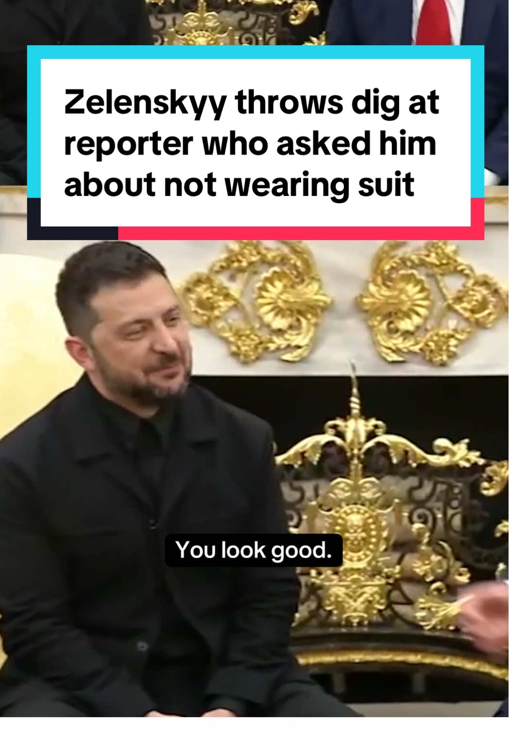 Ukrainian President Volodymyr Zelenskyy, who was wearing a black suit on Monday, threw a dig at a reporter who asked why he didn't wear a suit at the previous February meeting with President Trump at the White House.  #zelenskyy #ukraine #trump #suit 