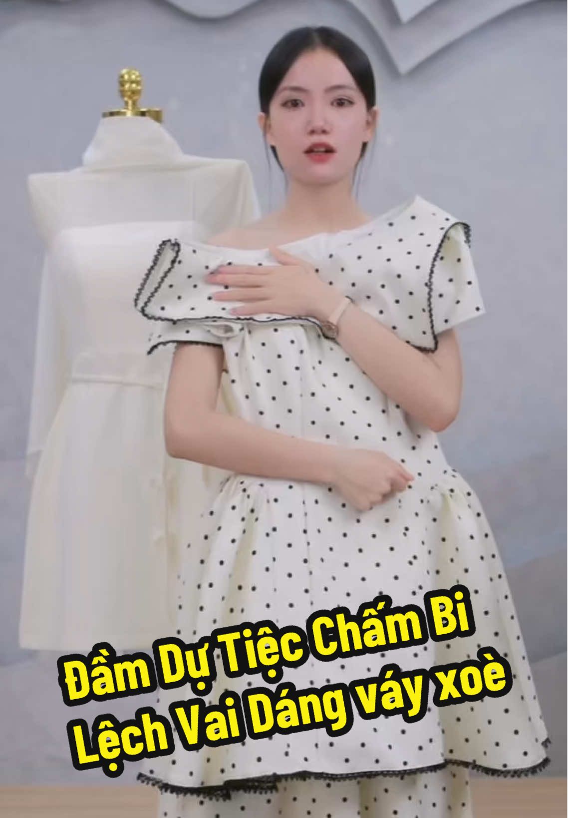 Đầm Dự Tiệc Chấm Bi Lệch Vai Dáng váy xoè xinh #xuhuong #xuhuongtiktok ###xuhuong2025 #vayxinh #đầm 