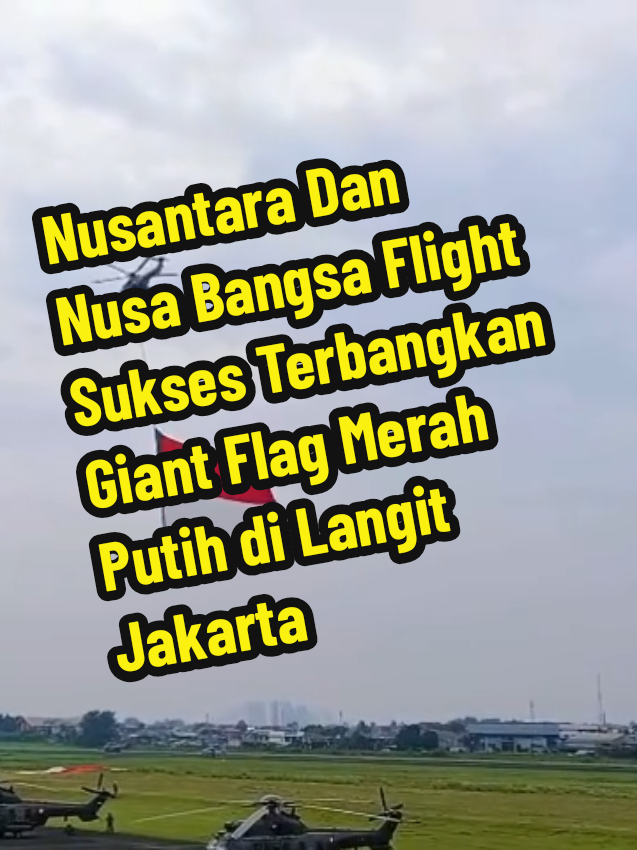 Nusantara Dan Nusa Bangsa Flight Sukses Terbangkan Giant Flag Merah Putih di Langit Jakarta Langit ibu kota Jakarta pada Minggu, 17 Agustus 2025, menjadi saksi kemegahan formasi Nusantara dan Nusa Bangsa Flight yang sukses membawa dan menerbangkan bendera raksasa Merah Putih serta logo Hari Kemerdekaan ke-80 Republik Indonesia. Aksi memukau ini menjadi bagian dari perayaan upacara Hari Kemerdekaan ke-80 Republik Indonesia yang berlangsung di Istana Negara. Formasi gabungan ini melibatkan helikopter TNI AU dari Skadron Udara 8, Skadron Udara 6, dan Satuan Udara Pencarian dan Pertolongan di bawah Wing Udara 4 Lanud Atang Sendjaja, bersama helikopter TNI AD, TNI AL, serta Kepolisian. Kolaborasi lintas matra tersebut menjadi bukti nyata sinergi dan profesionalisme prajurit dalam menjalankan misi kebangsaan. Keberhasilan penerbangan bendera raksasa ini tidak terlepas dari ridho Tuhan Yang Maha Esa, latihan intensif yang dilakukan para penerbang dan kru, perhitungan matang seluruh unsur yang terlibat, serta kerja keras teknisi dalam menyiapkan kain Merah Putih berukuran raksasa. Faktor keselamatan penerbangan (Safety) juga menjadi prioritas utama dalam setiap tahap perencanaan dan pelaksanaan misi. Bendera raksasa Merah Putih dan logo peringatan ke-80 tahun kemerdekaan yang berkibar gagah di udara diharapkan dapat membangkitkan rasa nasionalisme dan cinta tanah air masyarakat yang turut menyaksikannya.  Kesuksesan misi ini bukan hanya menjadi kebanggaan Lanud Atang Sendjaja sebagai pelaksana utama, tetapi juga bagi TNI AU, seluruh jajaran TNI, serta masyarakat Indonesia. Dengan kerjasama yang solid dan dedikasi tinggi, Nusantara dan Nusa Bangsa Flight berhasil mempersembahkan penghormatan terbaik bagi bangsa di momentum bersejarah Hari Kemerdekaan ke-80 Republik Indonesia. #hutri  ----- Ikuti akun kami untuk update informasi terkini Jakarta dan sekitarnya ----- 📹 : Lanud Atang Sendjaja