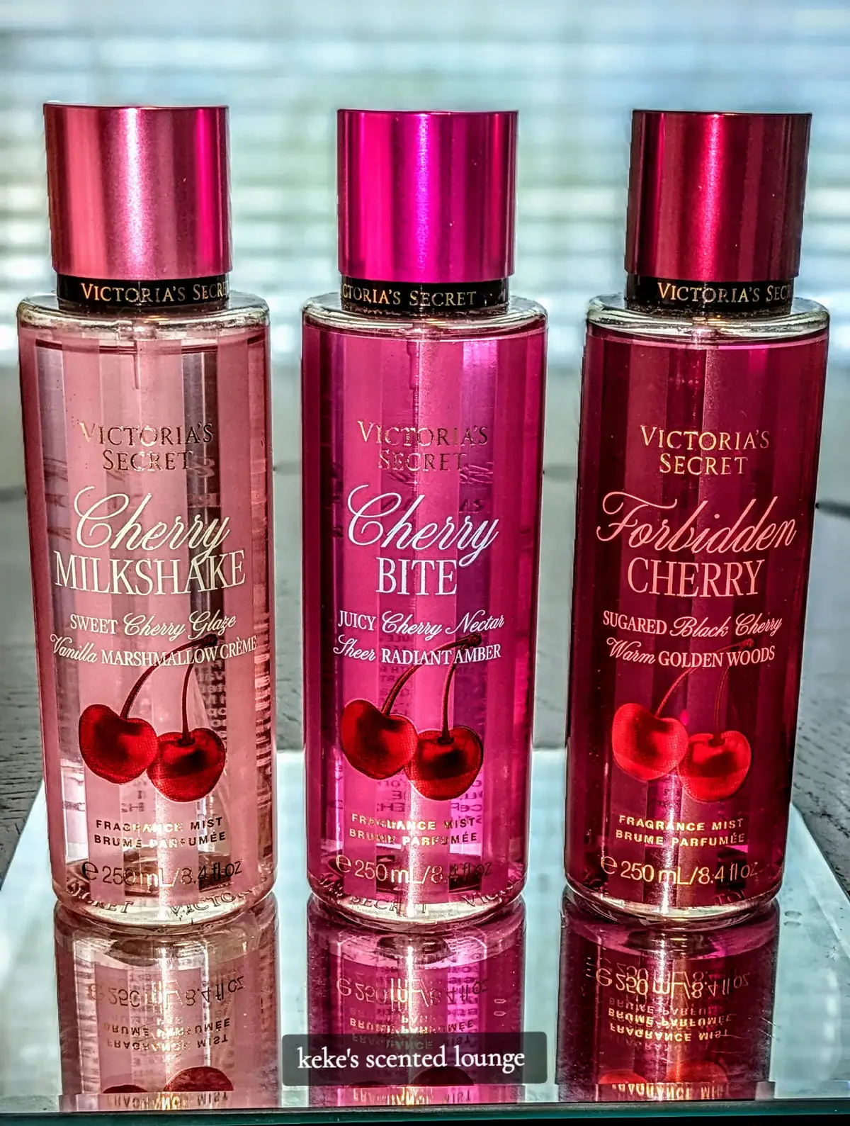 ✨🍒My first thoughts on the new Victoria's Secret Cherry Collection. One is super flirty, one is surprisingly sexy, and another is just classy and sweet. I honestly thought l'd love one the most, but a different one ended up being my favorite. Let's just say, I'm already regretting not getting more of it! P.S  Cherry Milkshake is giving very much Bath & Body Works sweetheart cherry on the opening but without the pistachio Full review coming soon! I hope the body lotions come out!🍒✨ #fragrance #victoriassecret #haul #review #perfumetok 