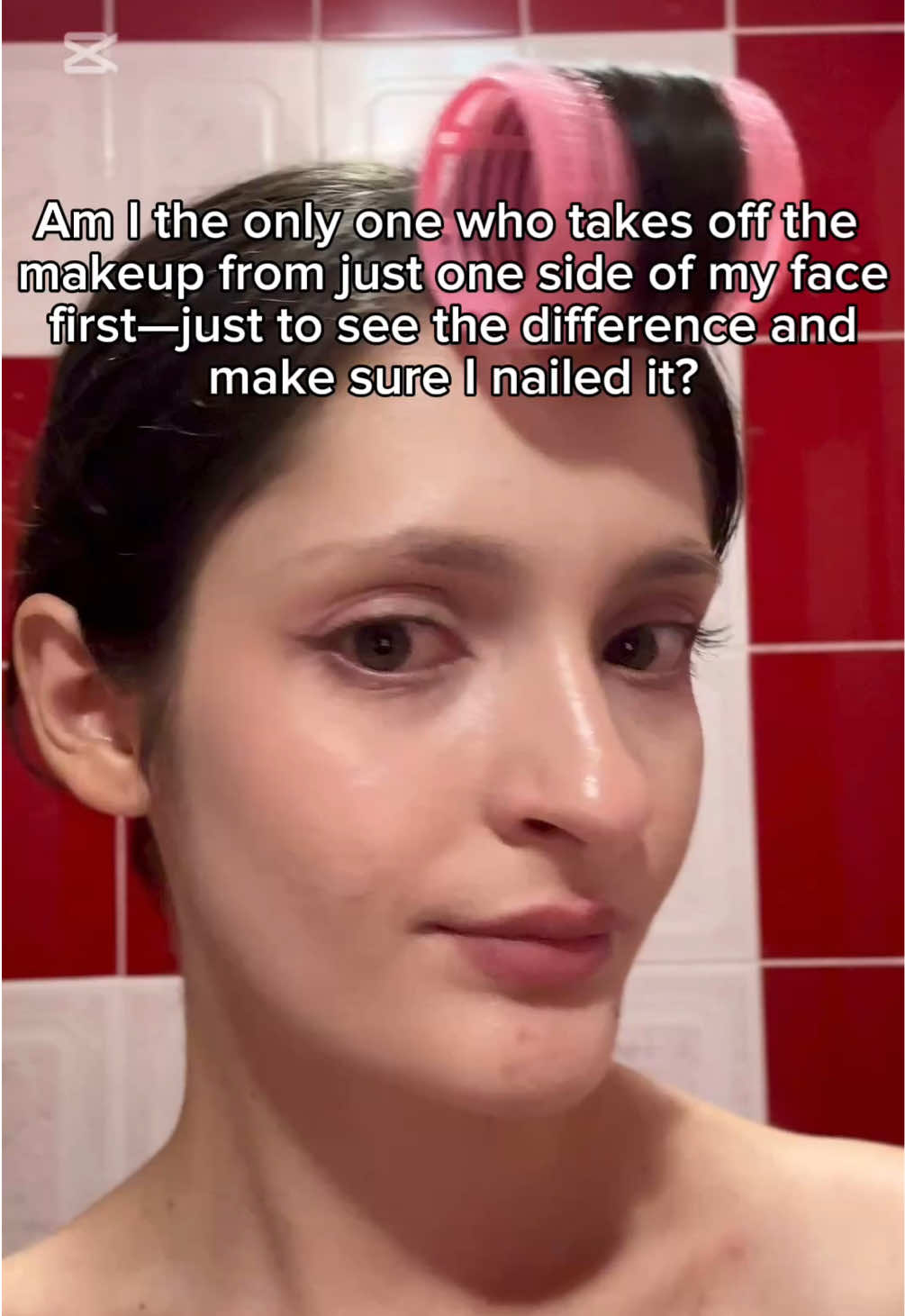 Am I the only one who takes off the makeup from just one side of my face first-just to see the difference and make sure l nailed it? #makeup #removemakeup #catfishing #makeupremover #cleasingbalm 