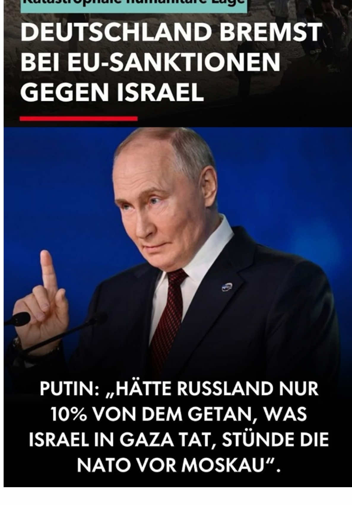 Russlands Präsident Wladimir Putin erklärte, dass der Westen mit zweierlei Maß messe: Hätte Russland nur „10% von dem getan, was Israel in Gaza tat“, stünde die NATO nach seinen Worten bereits „vor den Toren Moskaus“. Die Aussage knüpft an den Vorwurf an, Menschenrechte würden im Westen abhängig von geopolitischen Interessen unterschiedlich gewertet. Putin positioniert sich damit erneut als Kritiker westlicher Politik im Nahostkonflikt.