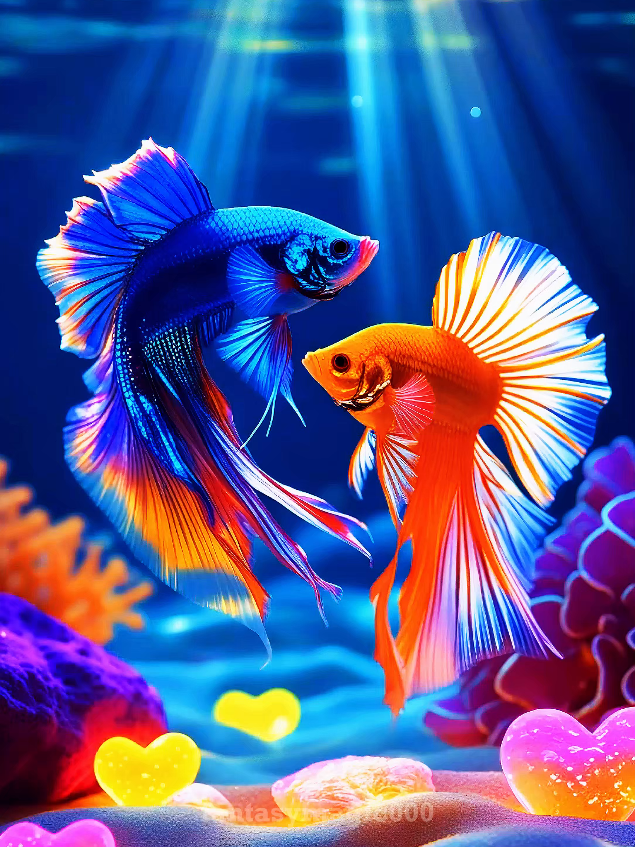 Two Betta Fish swim gracefully through vibrant coral formations.#livewallpaper #4klivewallpaper #livewallpapers #livewallpaper4k #battafish