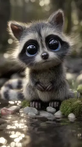 Ein zuckersüßes Waschbär-Baby 🦝💙 sitzt am Ufer eines Flusses. Mit seinen winzigen Pfötchen angelt es einen glatten Herz-Stein aus dem Wasser und hält ihn weit nach vorne – so, als würde es ihn dem Zuschauer schenken. Seine riesigen, funkelnden blauen Augen strahlen, der Kopf ist leicht geneigt und es lächelt so niedlich, dass man sogar seine kleinen Zähnchen sieht. ✨💖 #fluffyfriends #cute #cuteanimals #heartgift #raccoonmagic