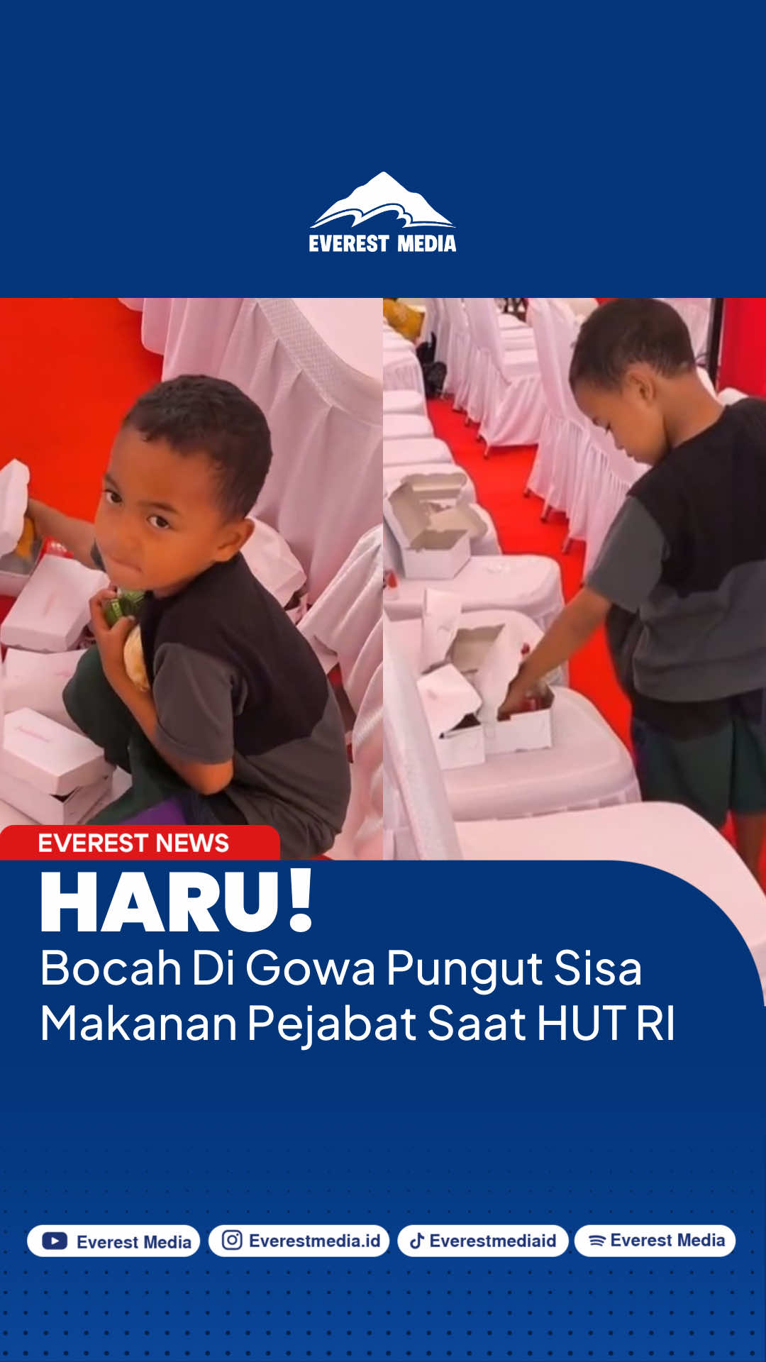 Perayaan HUT RI Ke-80 di Kabupaten Gowa, Sulawesi Selatan, baru-baru ini diwarnai peristiwa memilukan yang kini ramai jadi sorotan publik. Dalam sebuah video terlihat seorang bocah memungut makanan sisa dari korak yang diduga diperuntukkan bagi para pejabat di acara tersebut.  Meski hanya memperoleh makanan sisa, bocah itu tampak tersenyum bangga sambil memasukkan kudapan ke dalam kantong plastik. Ia bahkan sesekali mengacungkan jempol ke arah kamera yang merekam momen tersebut. Hingga kini, video bocah ini masih terus viral dan menjadi bahan diskusi warganet. Selain menyentuh hati, peristiwa ini juga meningatkan pentingnya kepedulian sosial dan distribusi kesajahteraan yang lebih merata di tengah masyarakat.  Gimana perasaan EverestFam melihat momen haru ini? #everestmediaid #hutri80 #beritaviral #beritatiktok 