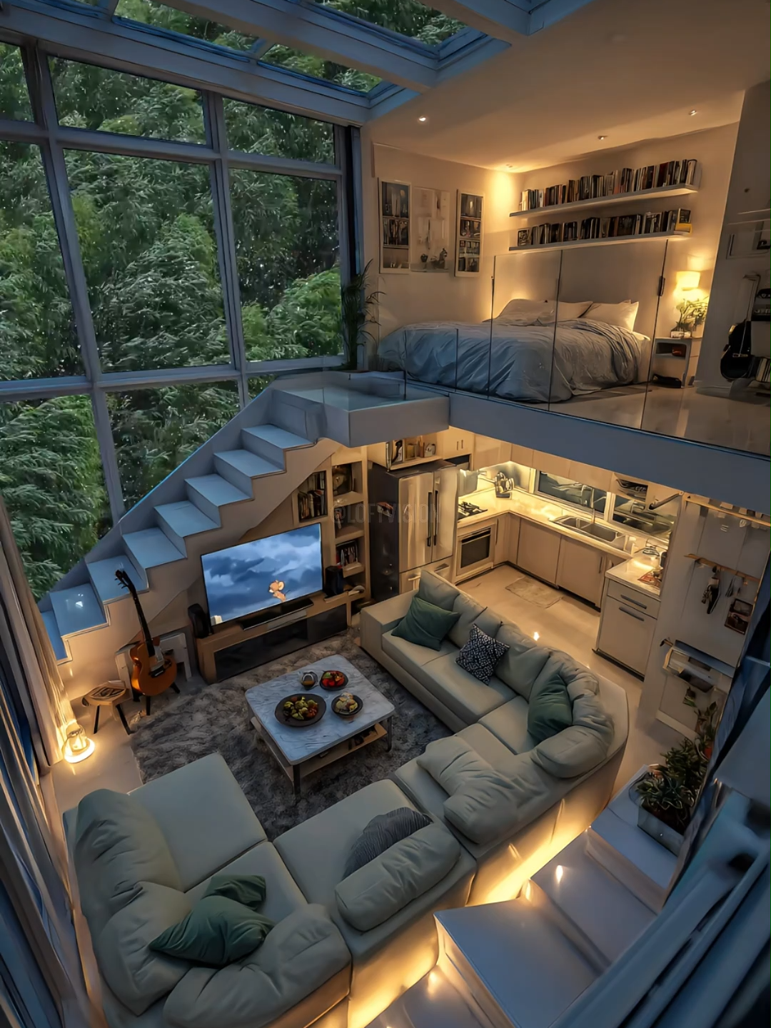 🌿 Glass House Serenity ✨   A modern loft embraced by nature, featuring a full   glass wall and ceiling that open to lush green views.   The cozy living room glows with soft lights, while the   mezzanine bedroom overlooks the elegant open kitchen. 🌌🏡   #dreamhome #glasshouse #modernloft #cozyinterior #natureview #homedecor #interiorinspo #luxuryliving #serenespaces #greenescape #designinspiration