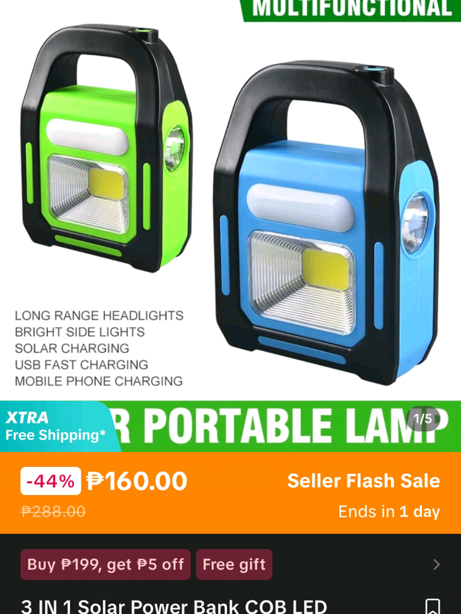 3 in 1 Solar Rechargeable Emergency Light Powerbank Flashlight COB Camping light #fyp #solarflashlight #emergencylight #tiktokshop 
