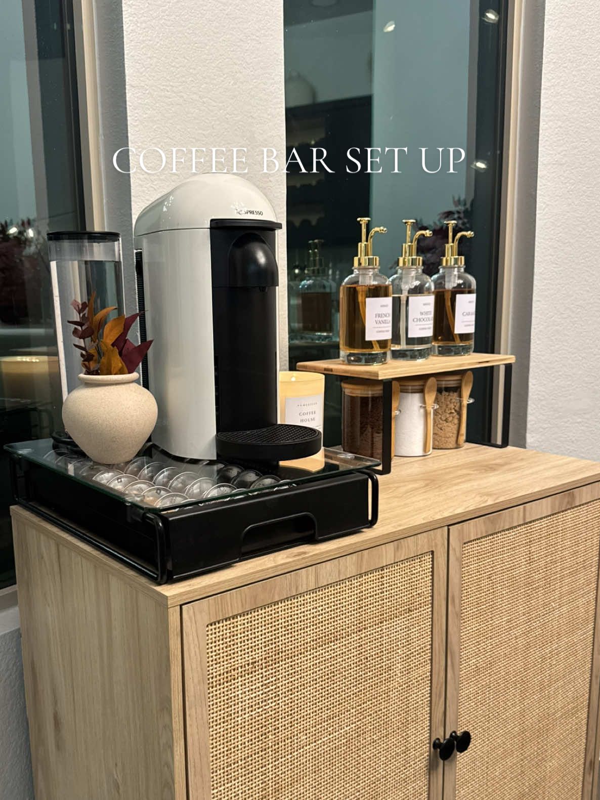 What do you think of my new coffee bar set up? 🤎 . . . Everything can be found in my Amazon storefront under coffee bar essentials 🤎 . . . @dwhomecandles  @Amazon Home  @Amazon  @Torani  @Nespresso 