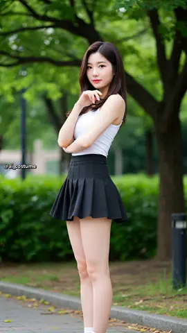 싱그러움 ✨ 도심 속 푸른 공원, 상큼한 미소와 블랙 플리츠 스커트 코디. City park vibes, a refreshing smile with a cute black pleated skirt outfit. #코디 #데일리룩 #여름패션 #PleatedSkirt #SummerOutfit #ミニスカート #ThiếtKếĐẹp #ModaCoreana #LookFeminino