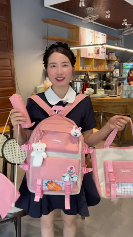 Balô đi học set 4 món , màu hồng đeo xinh lắm nhé #giadungbaochi #balo 
