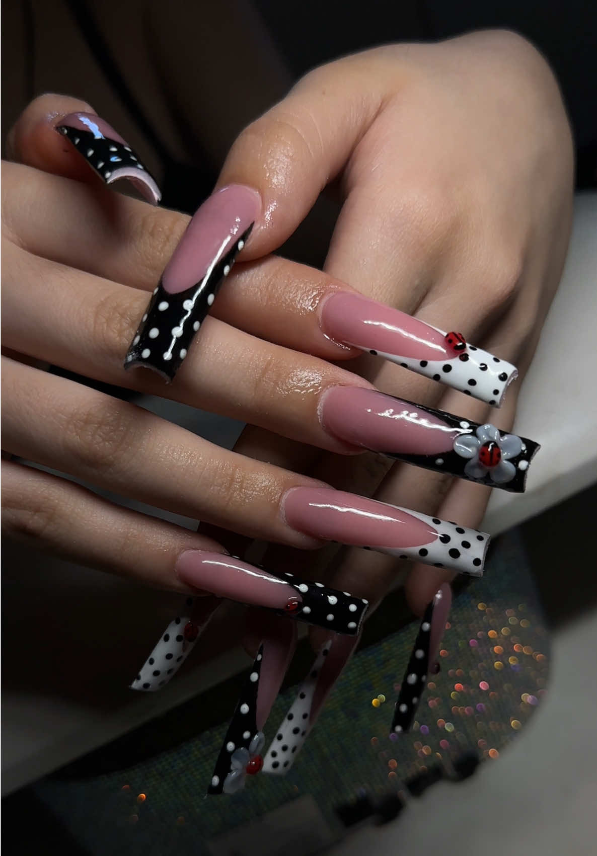 Ladybug pink bottoms!  #acrylicnails #ladybug #3dnailart #beauty #fyp #nailtech 