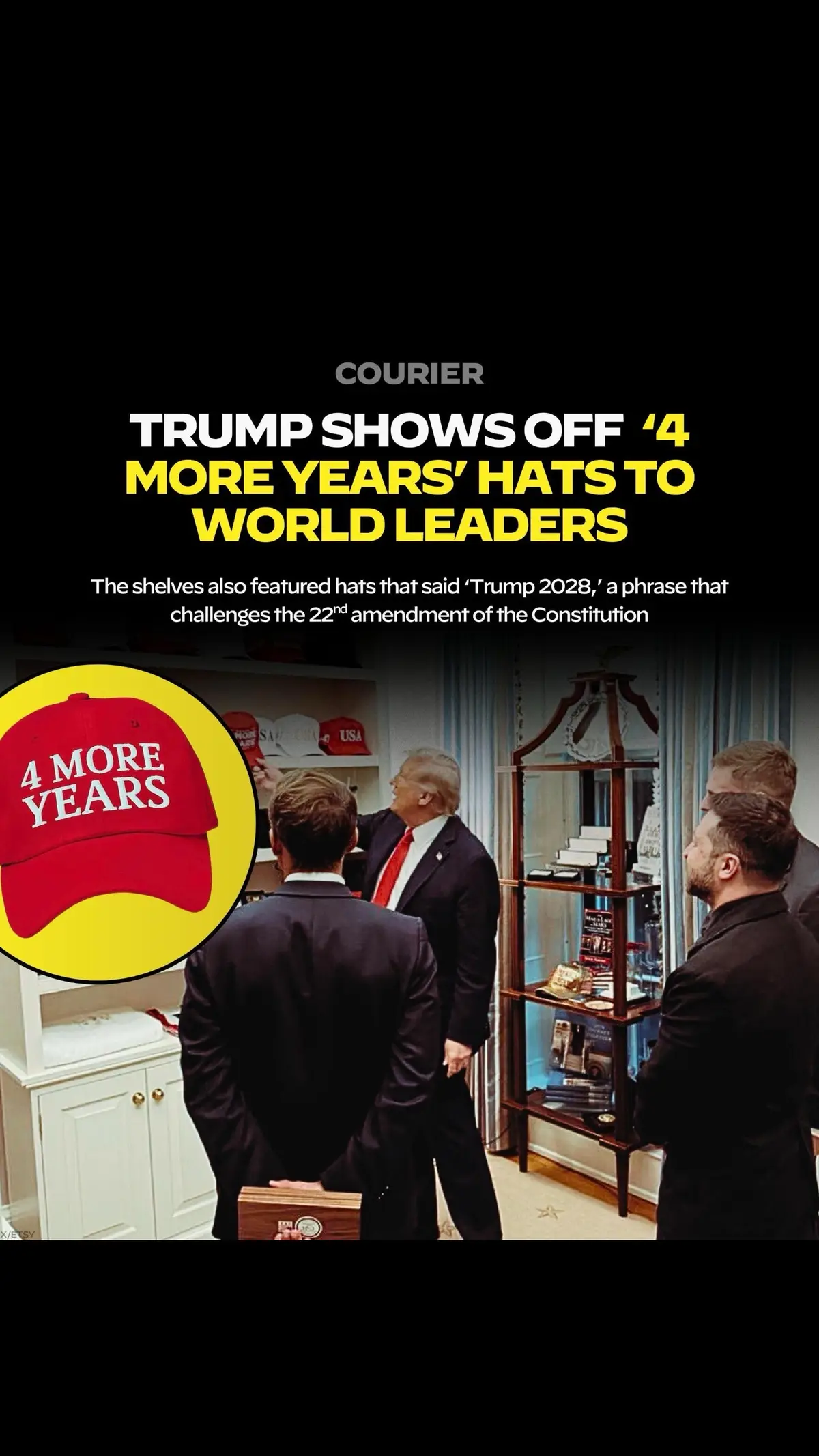 Trump shows off ‘4 more years’ hats to world leaders.