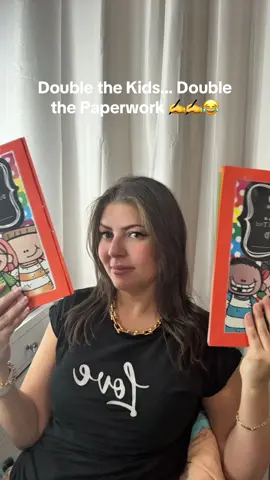 Only twin moms will understand this struggle 😅 Two folders, same questions, same answers — just filling them out side by side until it’s DONE!  #TwinMomLife #MomLifeUnfiltered #BackToSchool”#momlife #paperworktips 