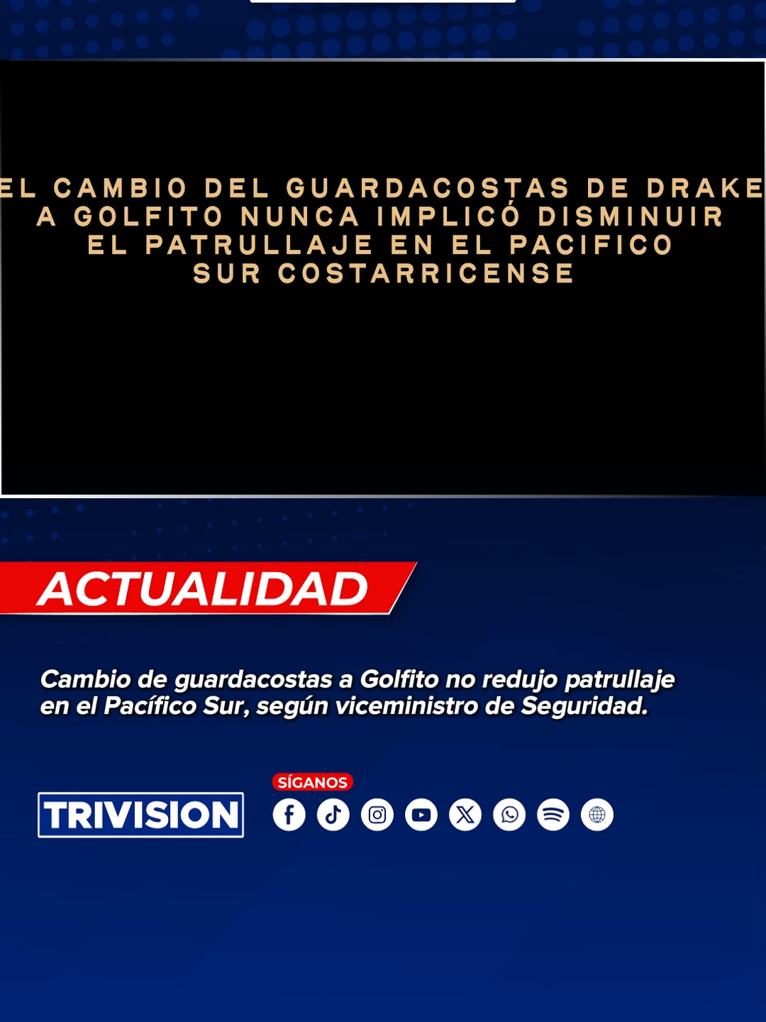 🔴#NoticiasTrivision | El viceministro de Seguridad, Manuel Jiménez, aclaró que el traslado del guardacostas de Drake a Golfito no implicó una disminución en el patrullaje de la zona. Explicó que en Drake no era posible mantener las embarcaciones interceptoras debido a las condiciones de marea y oleaje, lo que dificultaba a los oficiales acceder a ellas con seguridad. Por esta razón, se decidió modificar la operación.