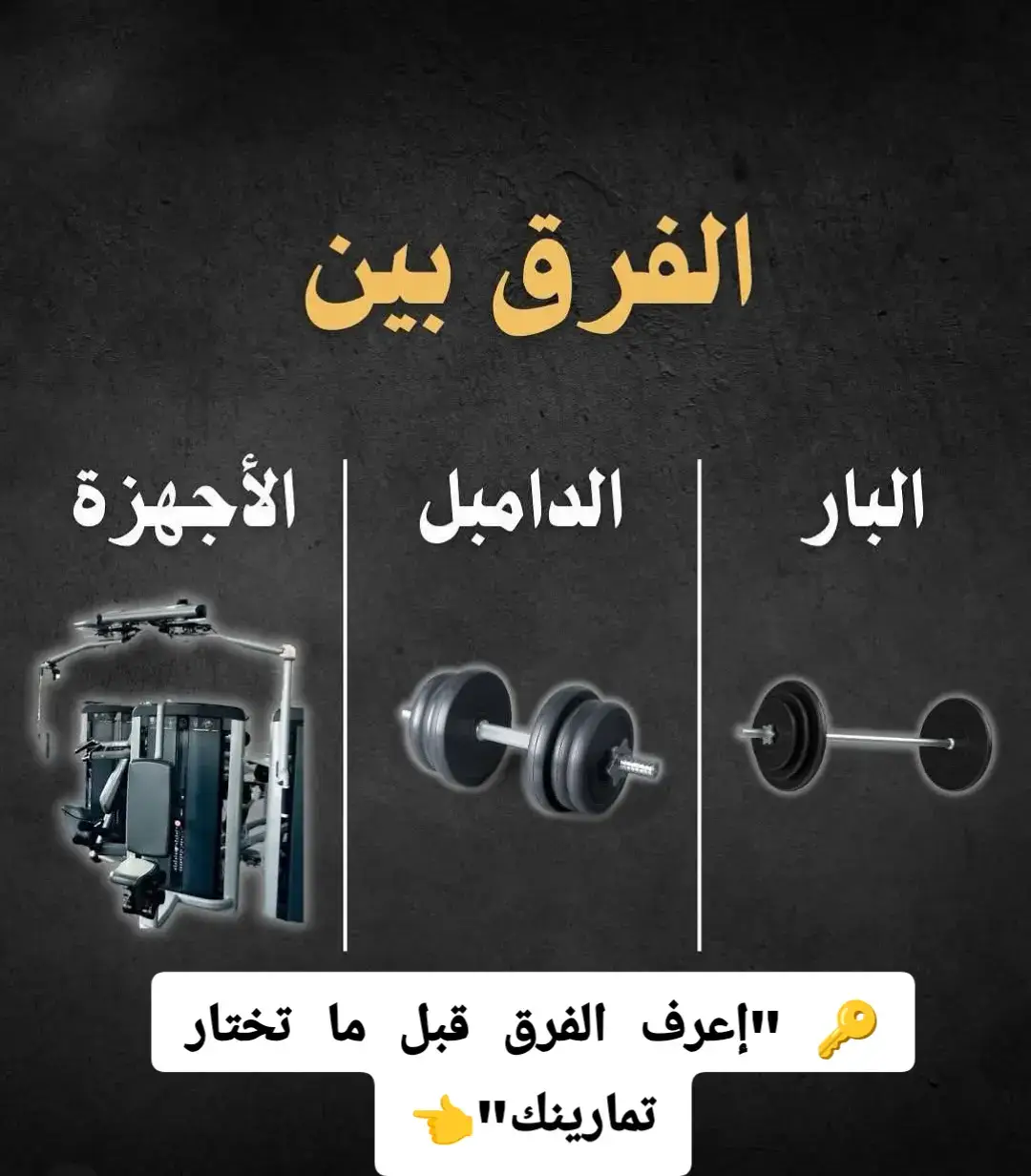 البار = قوة ووزن تقيل 🏋️‍♂️🔥 الدامبل = توازن ومرونة 🤸‍♂️💪 الأجهزة = أمان وسهولة 🚀 👊 كل أداة وليها ميزة.. إنت تختار حسب هدفك! #عضلات_بالعقل #نصائح_جيم #nofap 