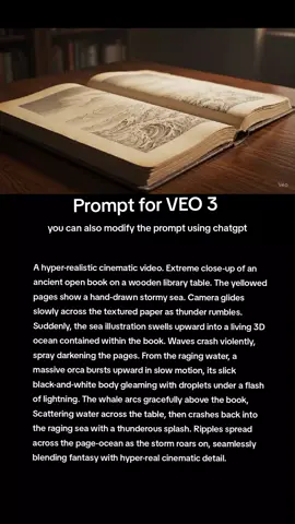 ⚡ AI Prompt (Veo 3 / Runway / Pika)A hyper-realistic cinematic video. Extreme close-up of an ancient open book on a wooden library table. The yellowed pages show a hand-drawn stormy sea. Camera glides slowly across the textured paper as thunder rumbles. Suddenly, the sea illustration swells upward into a living 3D ocean contained within the book. Waves crash violently, spray darkening the pages. From the raging water, a massive orca bursts upward in slow motion, its slick black-and-white body gleaming with droplets under a flash of lightning. The whale arcs gracefully above the book, Scattering water across the table, then crashes back into the raging sea with a thunderous splash. Ripples spread across the page-ocean as the storm roars on, seamlessly blending fantasy with hyper-real cinematic detail. #ai #fyp #veo3 #chatgpt #viralprompts #klingai #dreamai31 