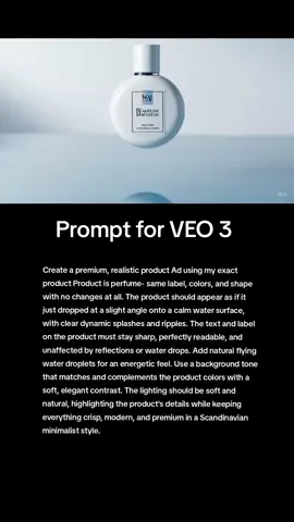 Create a premium, realistic product Ad using my exact product Product is perfume- same label, colors, and shape with no changes at all. The product should appear as if it just dropped at a slight angle onto a calm water surface, with clear dynamic splashes and ripples. The text and label on the product must stay sharp, perfectly readable, and unaffected by reflections or water drops. Add natural flying water droplets for an energetic feel. Use a background tone that matches and complements the product colors with a soft, elegant contrast. The lighting should be soft and natural, highlighting the product's details while keeping everything crisp, modern, and premium in a Scandinavian minimalist style.
