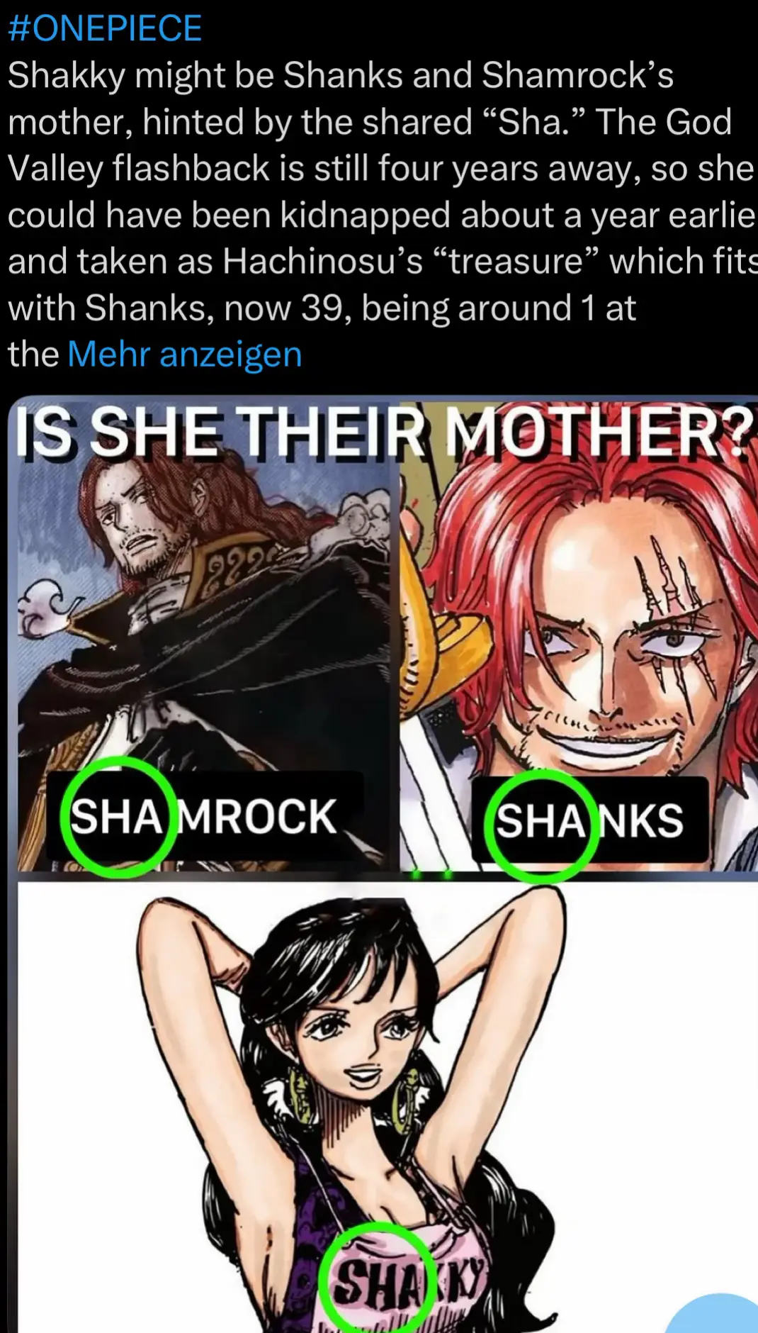 Figarland shaky Theory ⁉️ One of the more intriguing possibilities in the One Piece world is the hidden connection between characters whose backstories Oda has not yet fully revealed. A popular speculation is that Shaky, the mysterious former pirate who now runs Shakky’s Rip-Off Bar in Sabaody, could actually be the mother of Shanks and perhaps also connected to the enigmatic Shamrock. First, Shaky herself is an unusually fascinating figure. She is a former pirate from Roger’s era, and according to Rayleigh, she “quit being a pirate 40 years ago.” Yet, she remains strikingly youthful, calm, and extremely knowledgeable about the movements of the world. Her connections run deep, and she seems to know far more than she lets on, especially about the top pirates and even the Marines. This background sets her up as someone who could plausibly be tied to major figures like Shanks. Shanks’ origins remain one of the greatest mysteries in the series. We know he was found as a baby inside a treasure chest by the Roger Pirates after the God Valley incident, but we do not know who his parents are. Given Shaky’s age, her disappearance from the active seas around that same timeframe, and her suspiciously deep ties to Roger’s generation, she could have had a child that ended up in Roger’s care. The fact that Shanks was raised by Roger’s crew, and that Shaky is closely connected to Rayleigh, who served as Roger’s right hand, makes the idea of a hidden familial bond all the more possible. As for Shamrock, she is one of Blackbeard’s Titanic Captains, but she too is shrouded in mystery. Her name and design invite speculation, and Oda often loves to plant subtle “family clusters” of characters with overlapping names, appearances, or themes. If Shamrock were related by blood to Shaky, this would tie Blackbeard’s crew and Shanks’ legacy together in a very unexpected way. Such a reveal would also thematically reinforce the idea that pirate “family lines” play a bigger role in the story than we currently realize—similar to how Big Mom and Whitebeard had many children or heirs who inherited parts of their will. In short, the theory that Shaky could be the mother of Shanks—and potentially Shamrock as well—adds a hidden layer of drama to One Piece’s pirate world. It would connect two of the most mysterious characters in the series and explain how Shanks came to be so central to the balance of power. While it’s far from confirmed, the timing, Shaky’s hidden past, and her mysterious longevity all leave the door open for this reveal to one day shake the foundations of the story. #fyp  #onepiece1157 #viral  #figarland #animefyp 