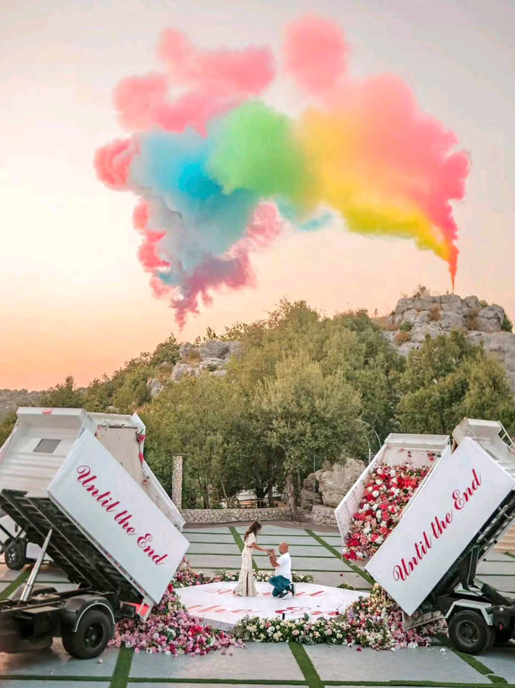 When your man brings TRUCKS of roses and floods your world in petals, the only answer is “yes” 💍 #lebaneseweddings #proposal #shesaidyes #viral #fyp @fadi.fattouh 